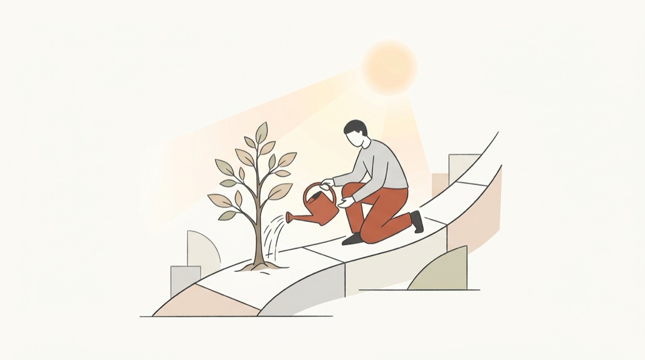作成後に大切に手入れされ育つ木のイラスト