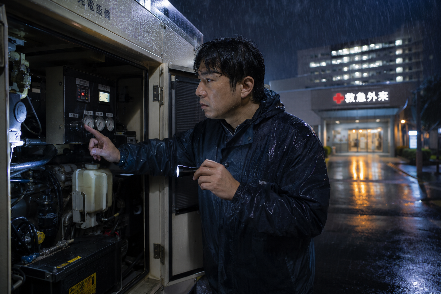 写真：台風の夜、病院の非常用発電機を点検する技術者