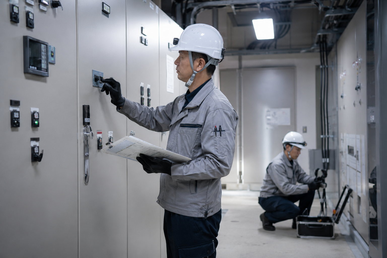 写真：開店前の商業施設で受変電設備を点検する作業員